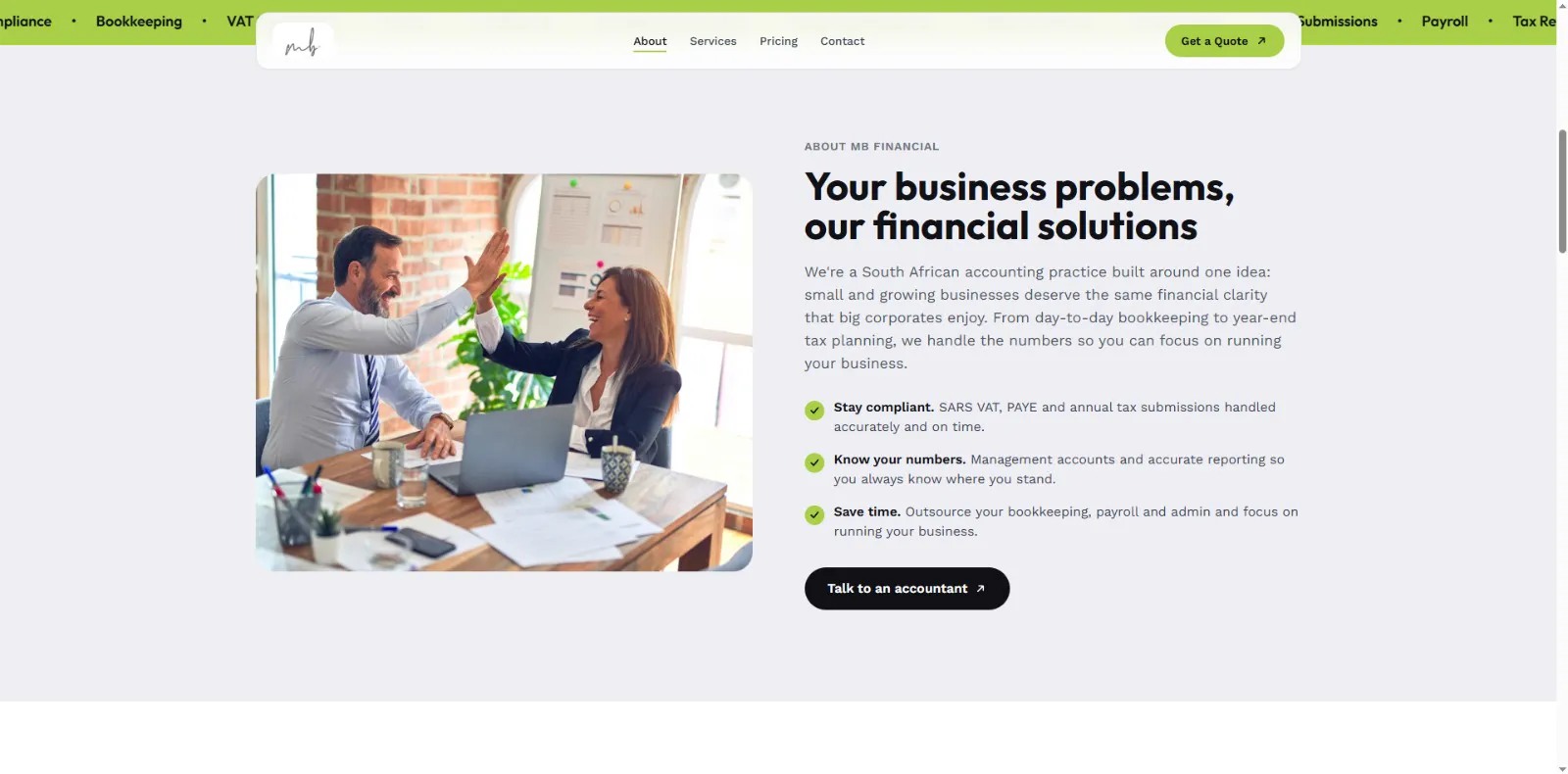 MB Financial website about section